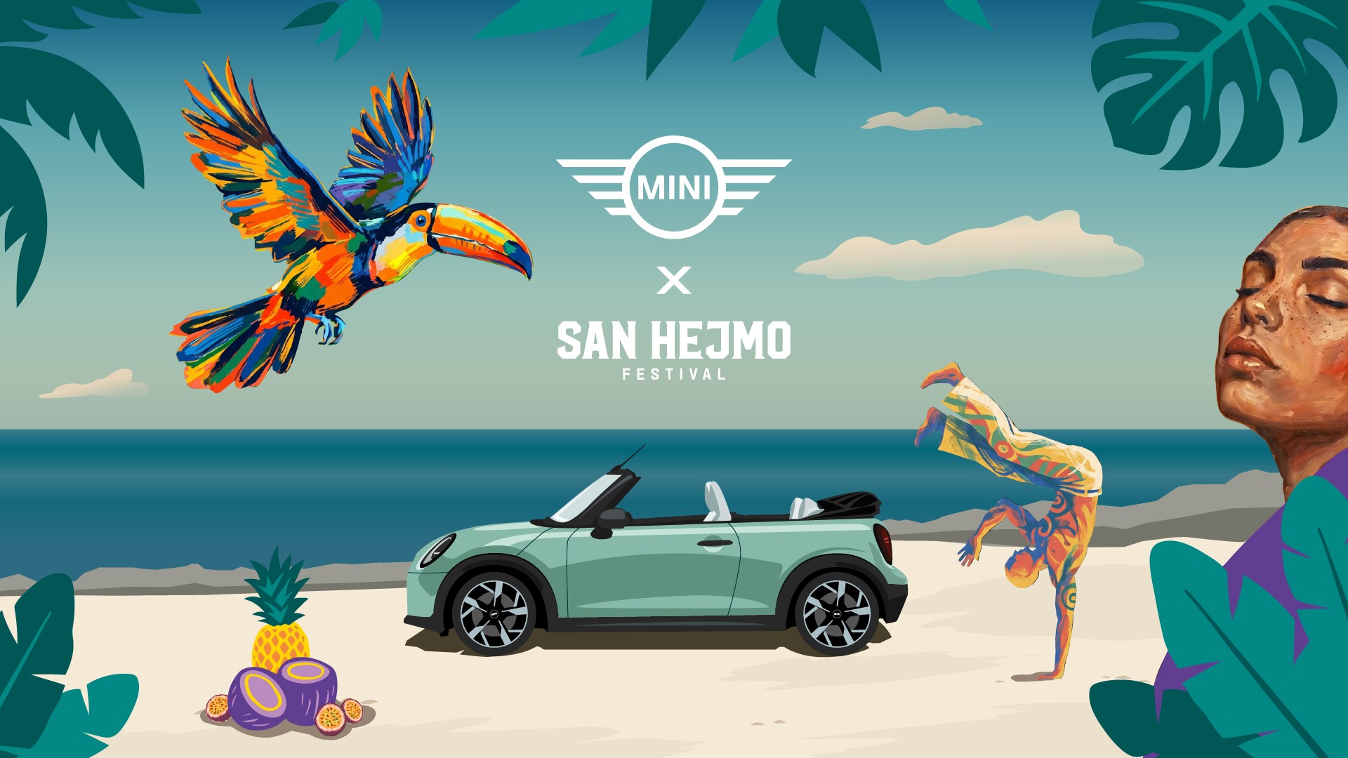 Illustration der MINI Cooper Cabana auf dem San Hejmo Festival mit MINI Cooper Cabrio am Strand, MINI x San Hejmo Logo und Beachclub-Motiven.